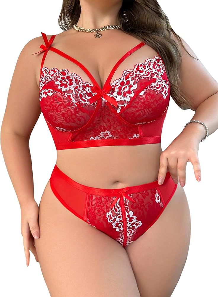 SOLY HUX Women's Plus Size Floral Lace Cut Out Bralettes and Panty 2 Piece Lingerie Set