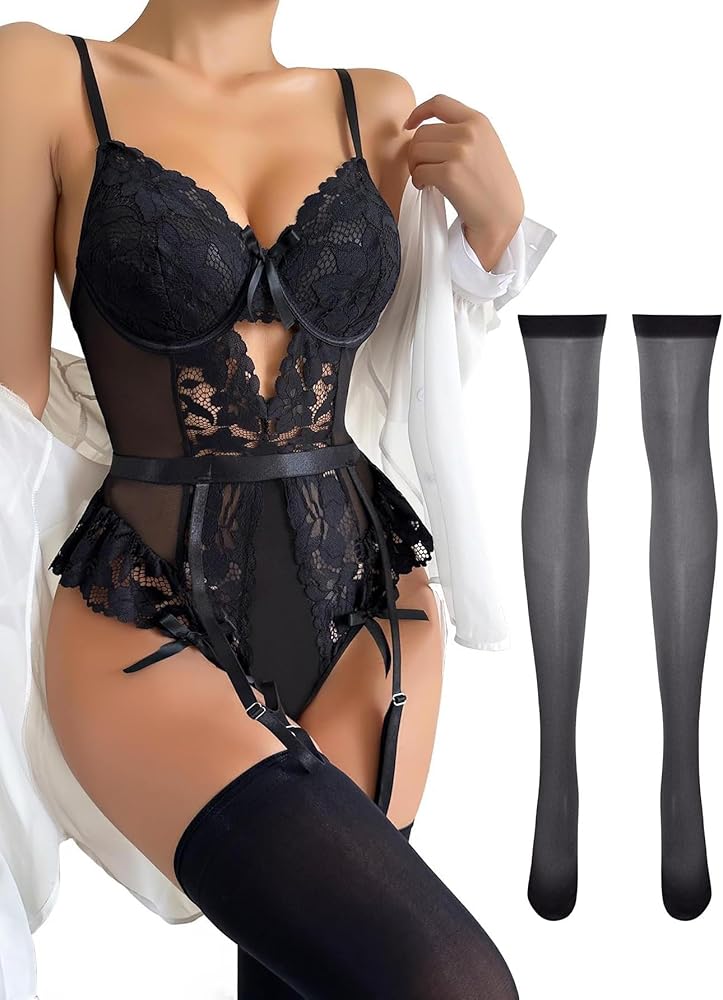 Lilosy Sexy Lace Mesh Bodysuit Stocking Underwire Garter Lingerie Set 3 Piece