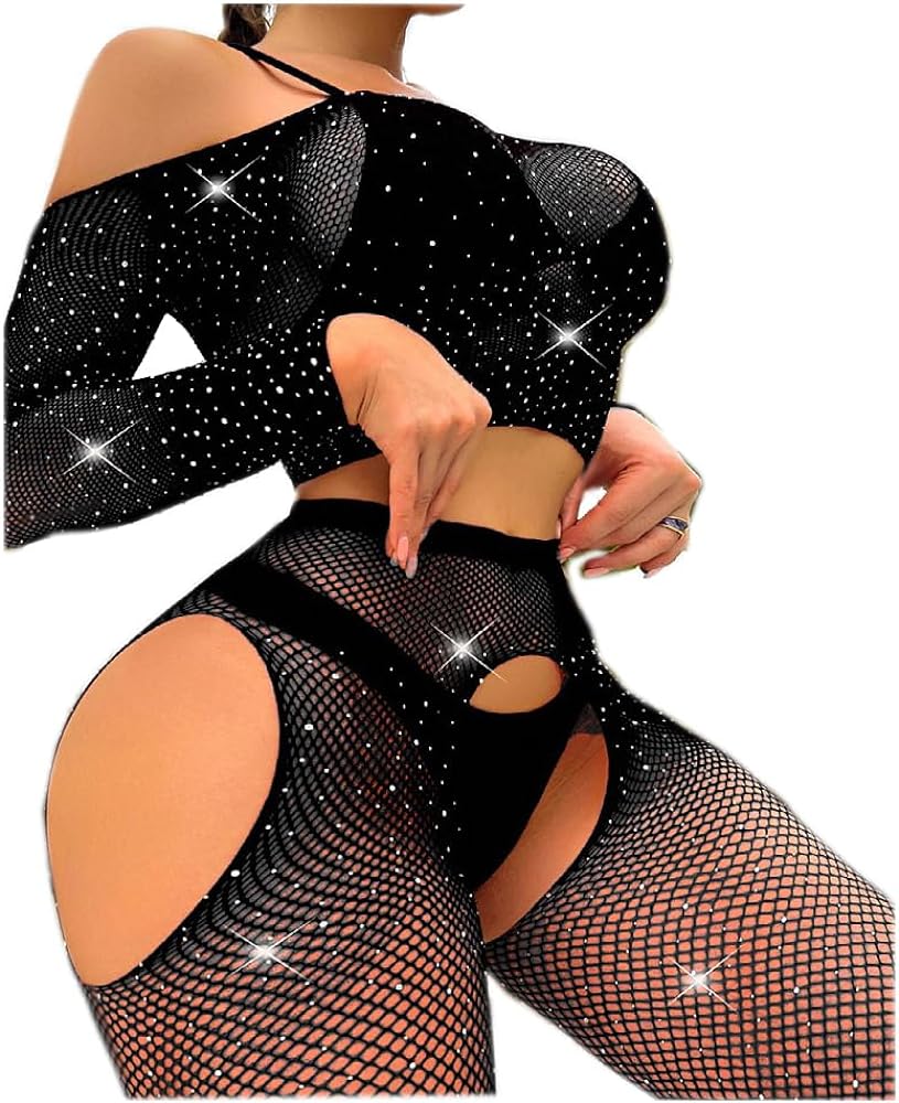 lingerie sets mesh women fishnet Sexy Bodysuit Underwear shiny rhinestones decoration fishnet stockings