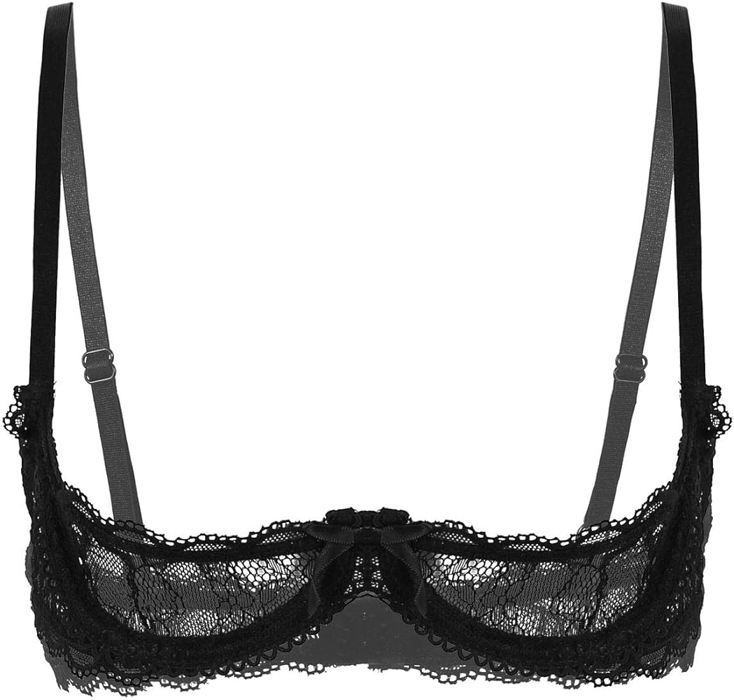 ACSUSS Womens Lace Sheer Lingerie 1/4 Cups Bare Exposed Breast Underwire Push Up Bra Tops