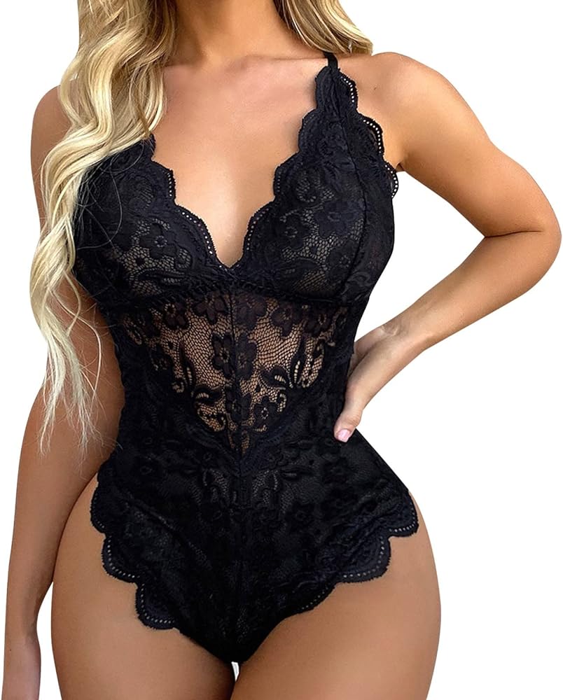 Franterd Sexy Lingerie for Women Lace Babydoll Mini Bodysuit Bridal Naugthy Teddy Lingerie Deep V-Neck Bodysuit Nightgown