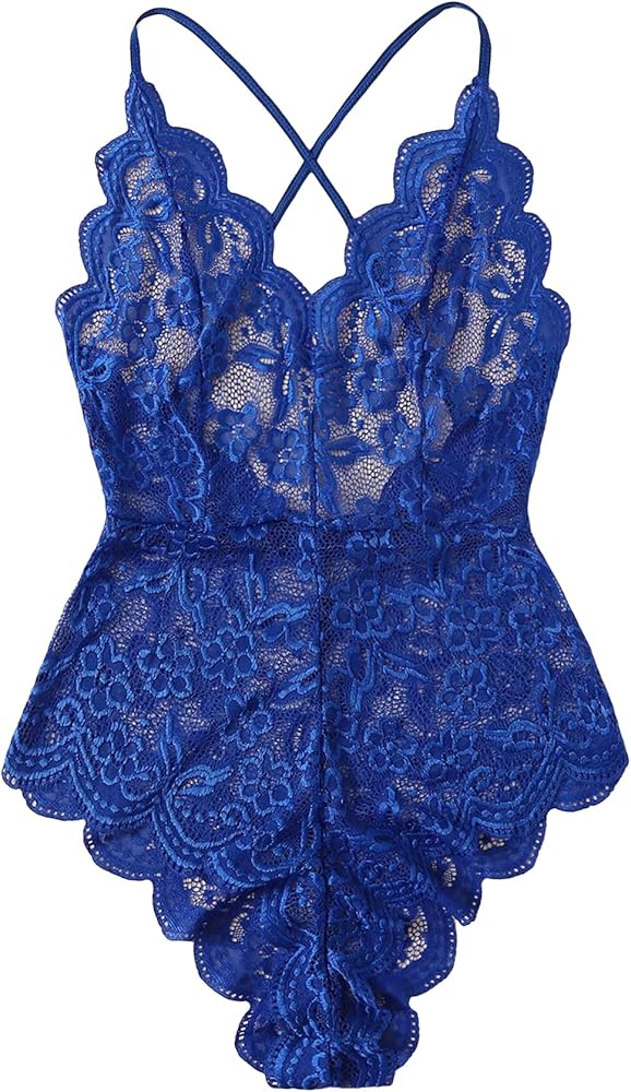 SOLY HUX Lingerie for Women Floral Lace Scalloped Trim Teddy Bodysuit Babydoll