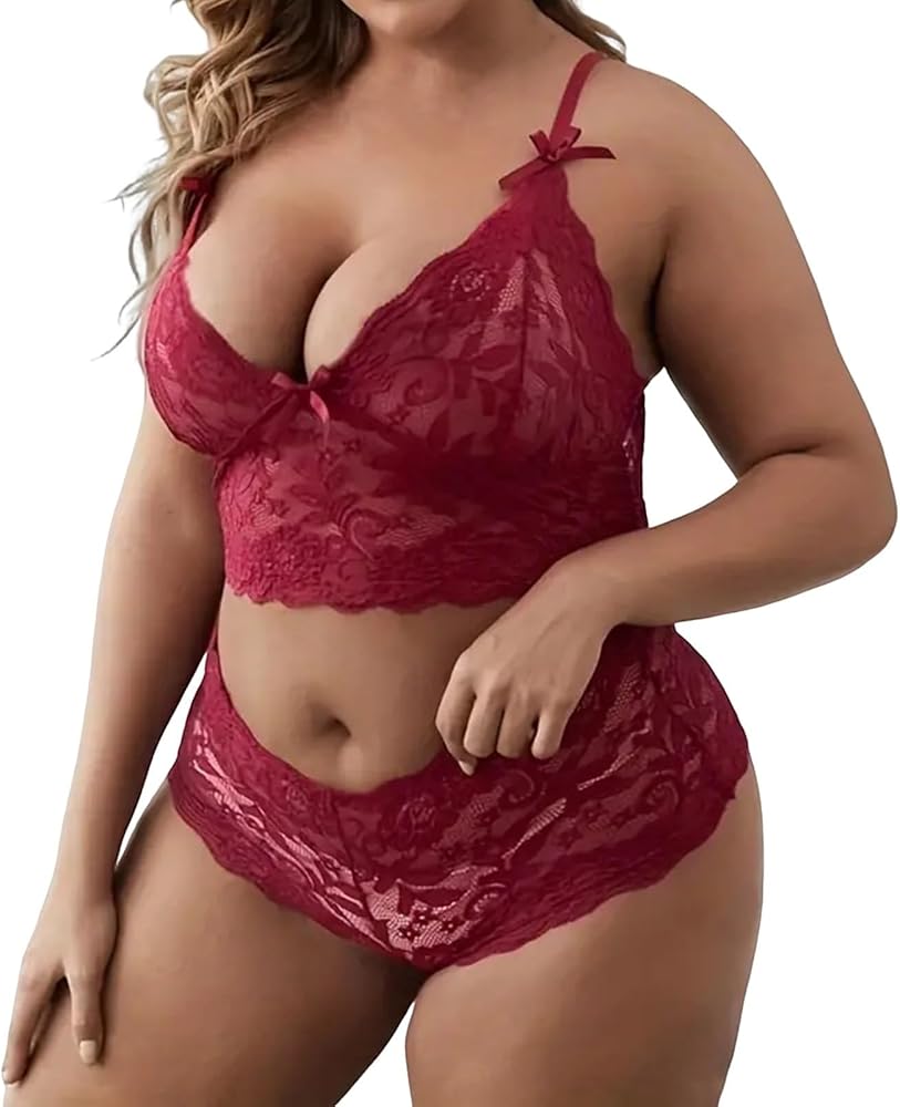 Lingerie for Women 2 Piece Sexy Sheer Floral Lace Pajamas Lingerie Set Sleepwear Bra and Panty Plus Size Nightwear