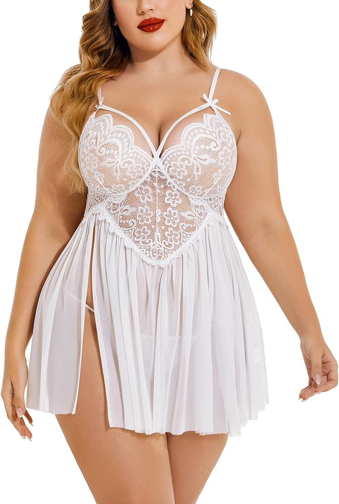 Avidlove Plus Size Lingerie Lace Babydoll Womens Strap Chemise Nightgown V Neck Nighty Mesh Sleepwear Side Slit Nightdress