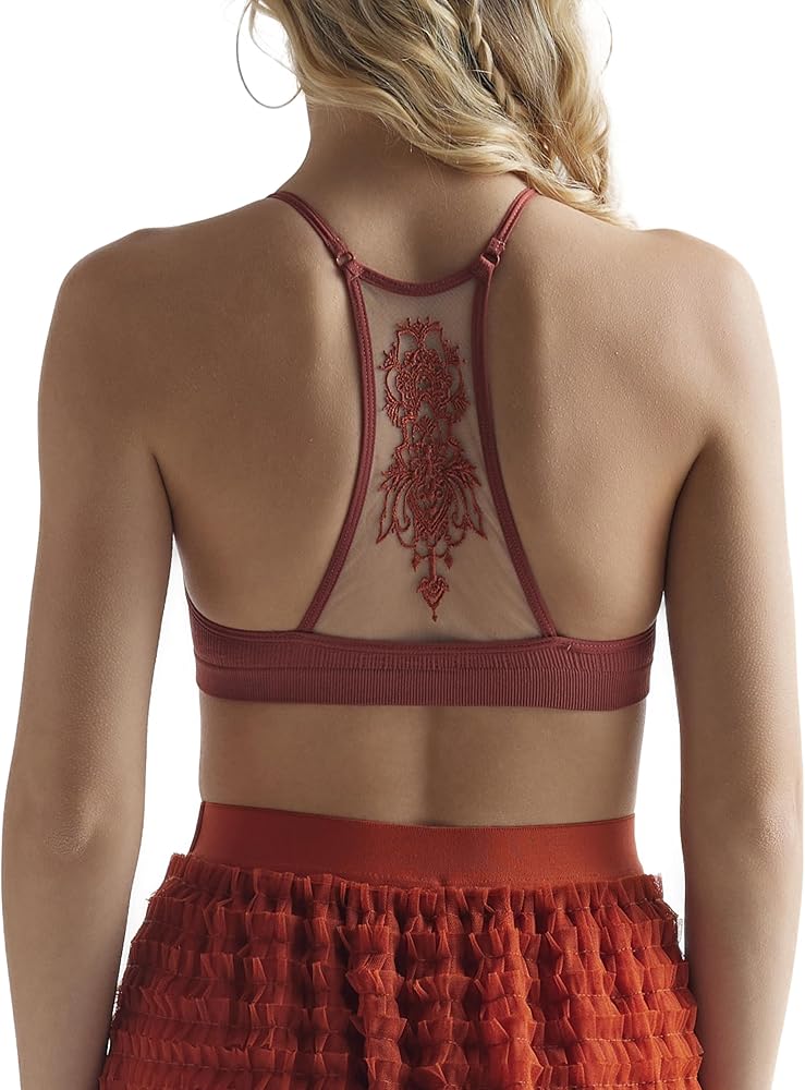 noflik Women's Seamless MandalaTattoo Mesh Racerback Ribbed Knit Bralette Top(Rust, XS/S)