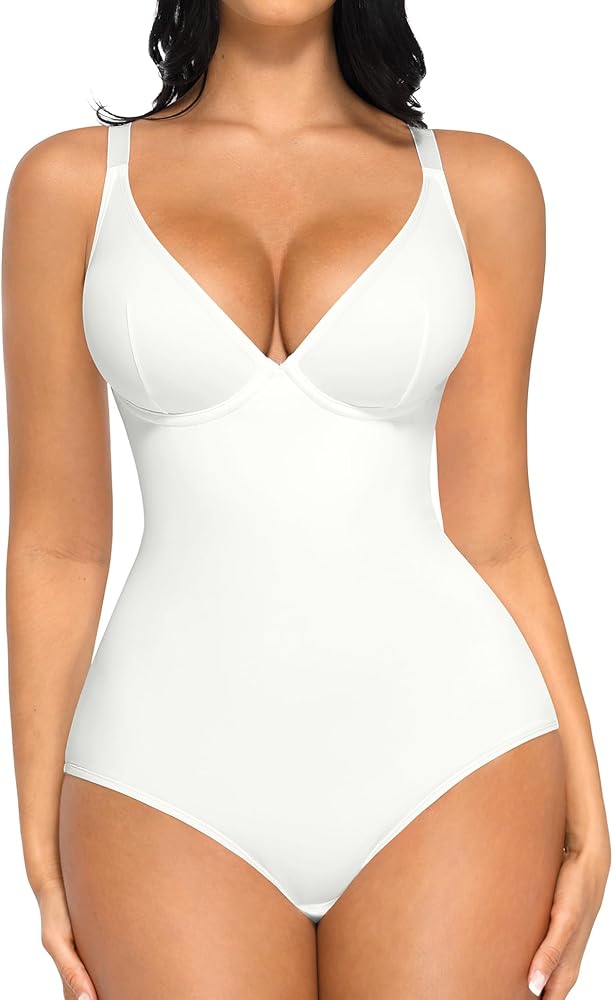 FeelinGirl Shapewear Bodysuits for Women Tummy Control Body Suits Deep V Neck Corset Body Shaper Tops