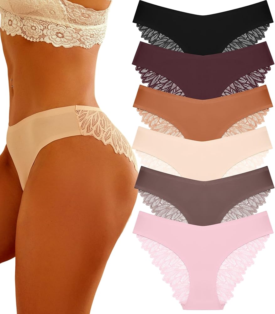 FINETOO 6 Pack Sexy Underwear for Women Silky Seamless No Show Panties Ladies Lace Bikini Lightweight Cheeky Hipster