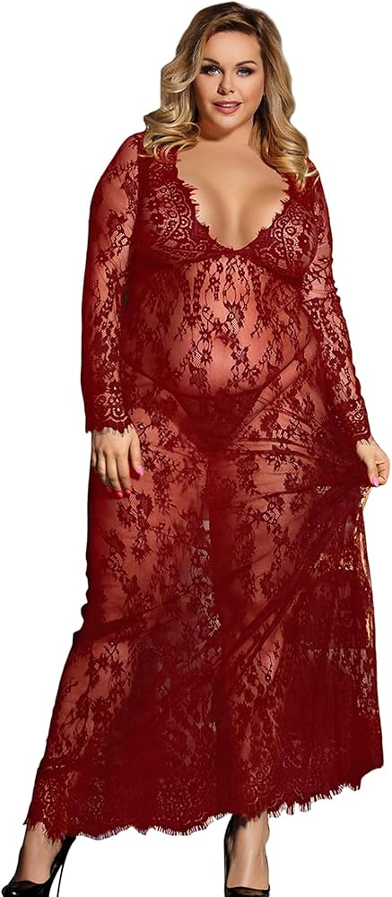 ohyeahlady Plus Size Long Lingerie Set for Womens Lace V Neck Mesh Sexy Nightdress Babydoll Sleepwear Maxi Dress with Thong