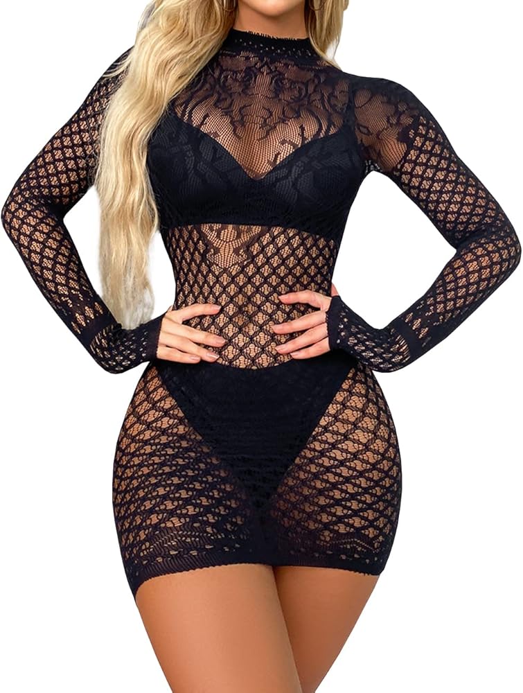 Women Fishnet Bodysuits,Sexy Mesh Babydoll,Women's Floral Lace Lingerie,Bodysuit Dress,One Piece Babydoll One Size