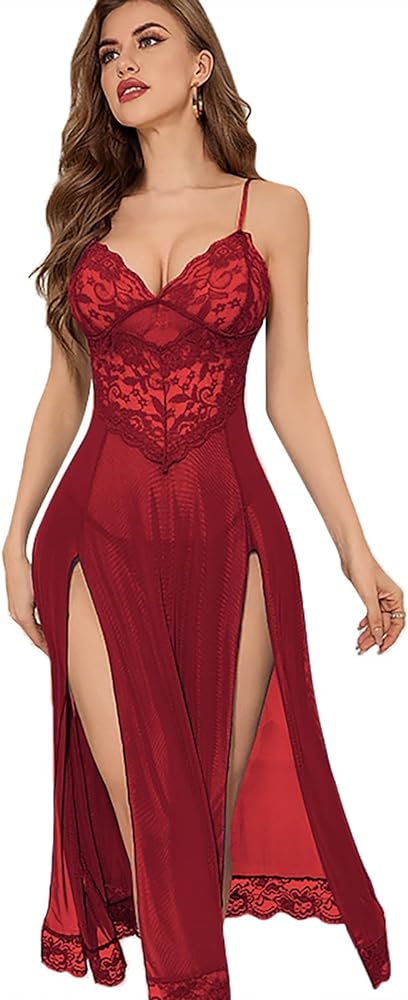 YaShaer Women Lingerie Deep V Neck Nightwear One Piece Sexy Nightgowns Lace Babydoll Sleepwear Dress S-3XL