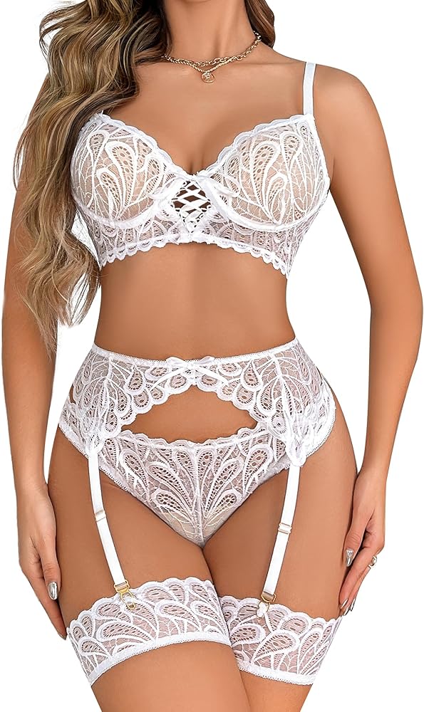 Sexy Lingerie for Women,3 Piece Lace Lingerie Set Bra and Panty Sets with Garter Belt Babydoll Teddy Lingerie