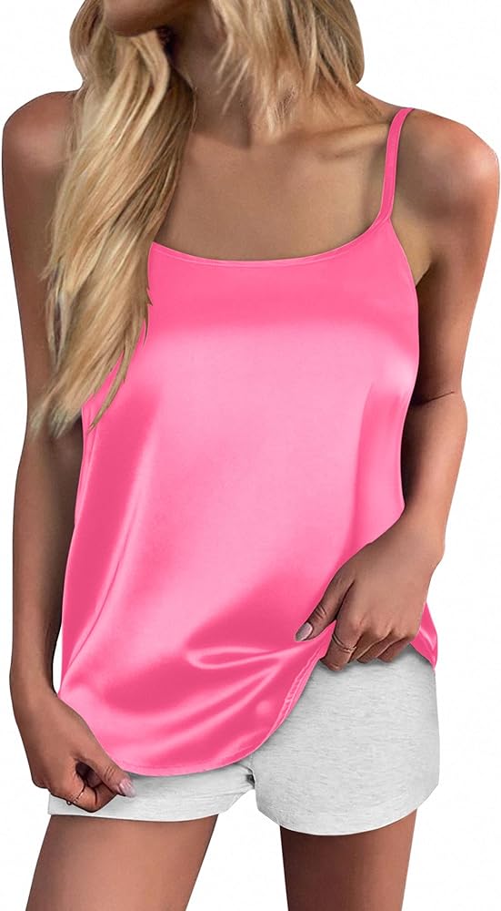 Ekouaer Womens Silk Tank Top Camisole Spaghetti Strap Satin Cami Tops Basic Crew Neck Y Back Silky Camis S-XXL