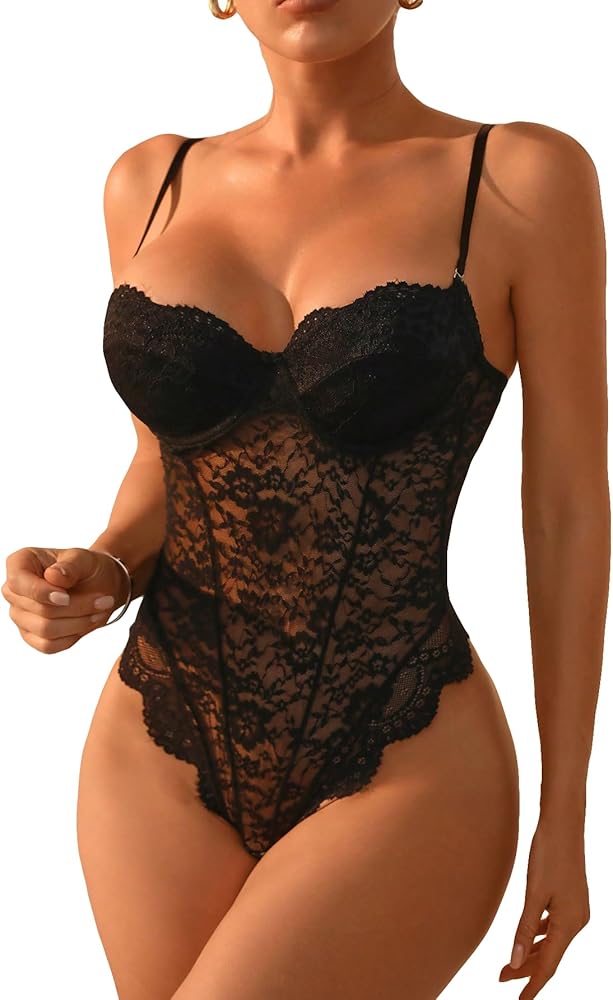 SOLY HUX Women's Lace Scalloped Trim Underwire Lingerie Teddy Babydoll Bodysuit