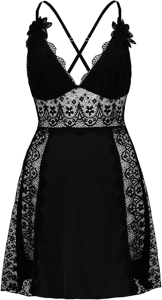 LINGERLOVE Plus Size Lingerie for Women Sexy V Neck babydoll Chemises Lace Mesh Nightgown M-4XL