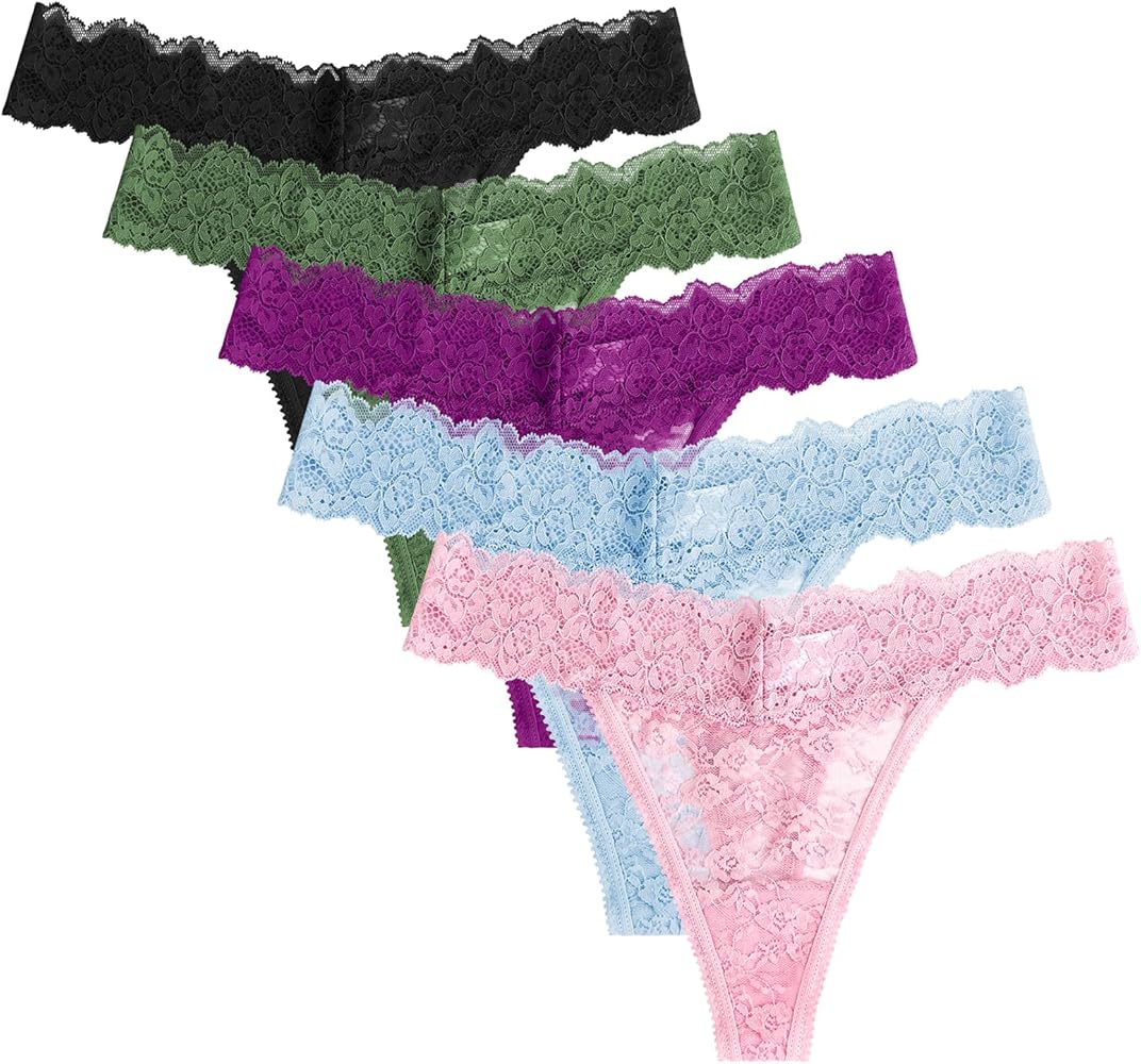 Women's Seamless Thongs Stretch Sexy Lace Thongs for Women Tangas Pink Thong Soft Lace Cheeky Panties For Women 5 Pack