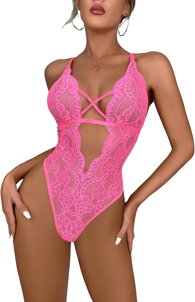 SOLY HUX Women's Floral Lace Criss Cross Deep V Neck Teddy Lingerie Bodysuit Babydoll