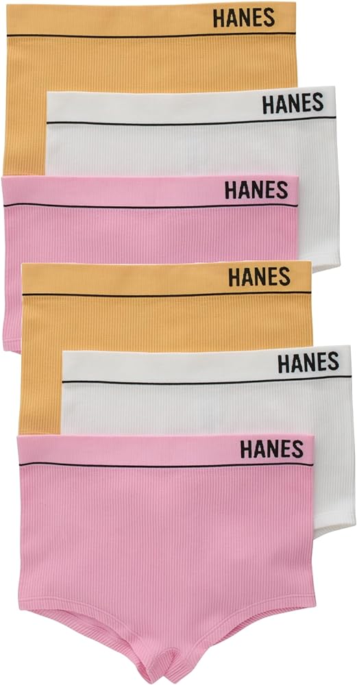 Hanes Womens Originals Seamless Stretchy Ribbed Boyfit Panties Pack, Assorted Colors, 6-Pack