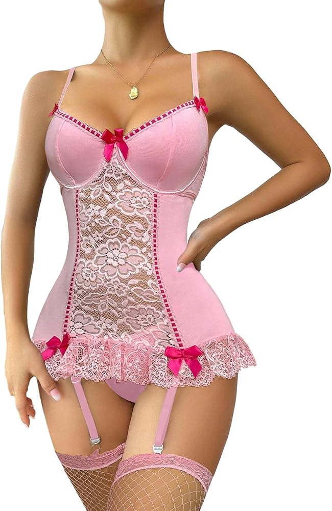 Lilosy Sexy Bows Lace Babydoll Lingerie Set with Panty