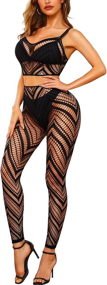 RSLOVE Womens Sexy Lingerie Sets Bodystocking - Fishnet Bodysuit Sexy Camisole top & Stocking 2 Piece Cutout Fishnet Legging