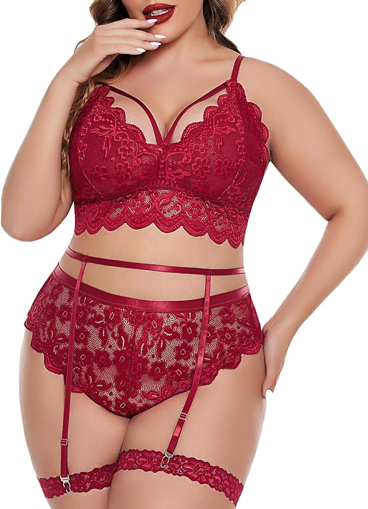 Avidlove Plus Size Lingerie for Women Floral Lace Scallop Trim Bra High Waist Panties Set Garter Lingerie Set