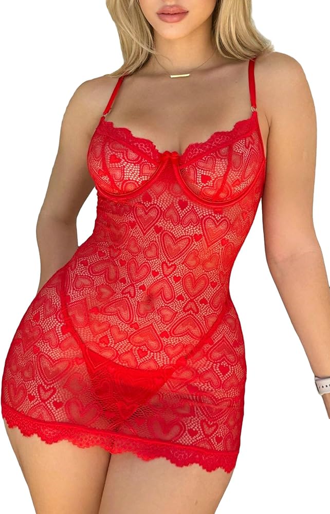 SOLY HUX Women's Lace Heart Print Scalloped Trim Underwire Babydoll Lingerie Sleepwear Chemise with Thong