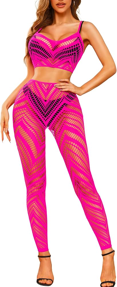 RSLOVE Womens Sexy Lingerie Sets Bodystocking - Fishnet Bodysuit Sexy Camisole top & Stocking 2 Piece Cutout Fishnet Legging