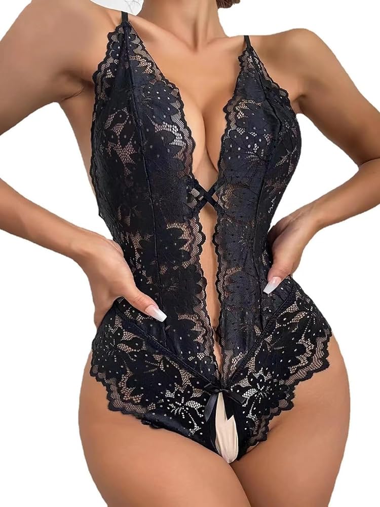 Sexy Lingerie for Women Lace Teddy Bodysuit One Piece Deep V Neck Babydoll Nightgown