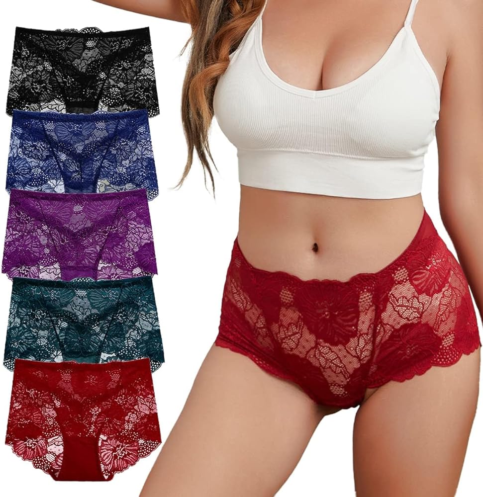 Womens Sexy Underwear Lace Panties High Waisted Plus Size Ladies Brief for Women 5-Pack