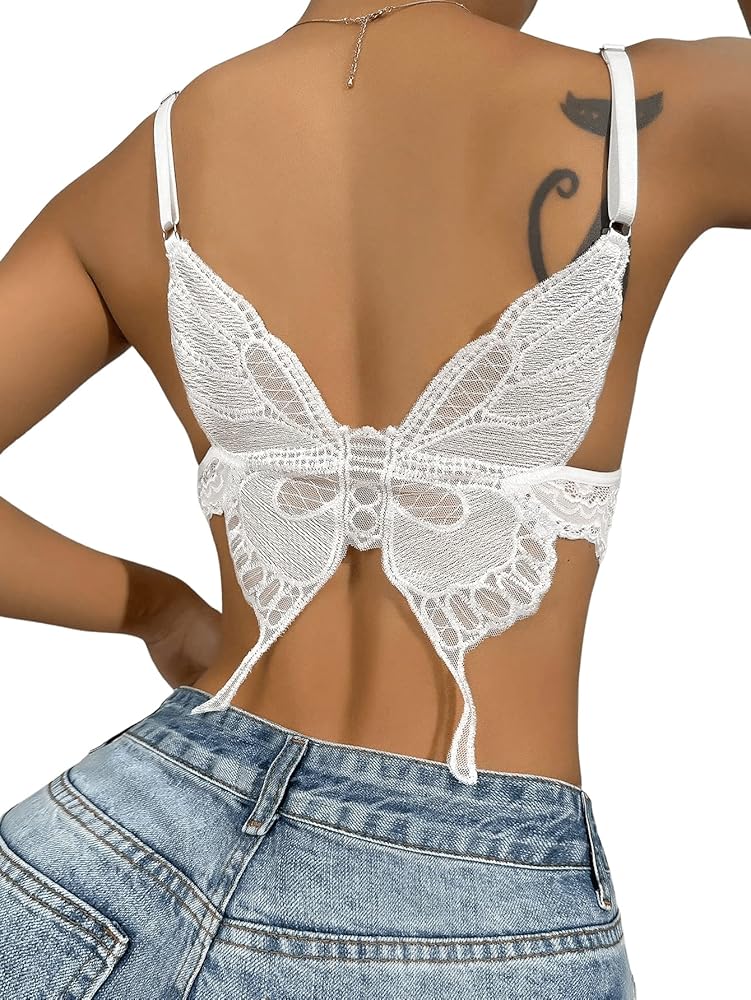 SweatyRocks Women's Lingerie Bow Front Floral Lace Bra Butterfly Shaped Wireless Bralette Underwear