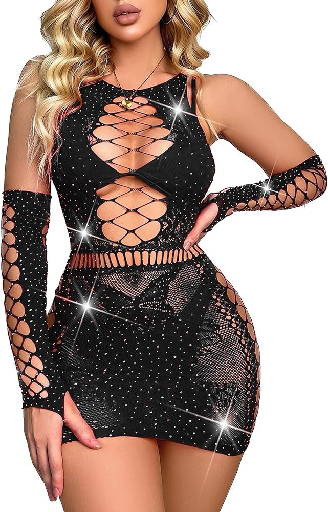 Avidlove Fishnet Lingerie Womens Mesh Chemise One Piece Babydoll Mini Dress Lace Sparkle Rhinestone Lingeries for Women