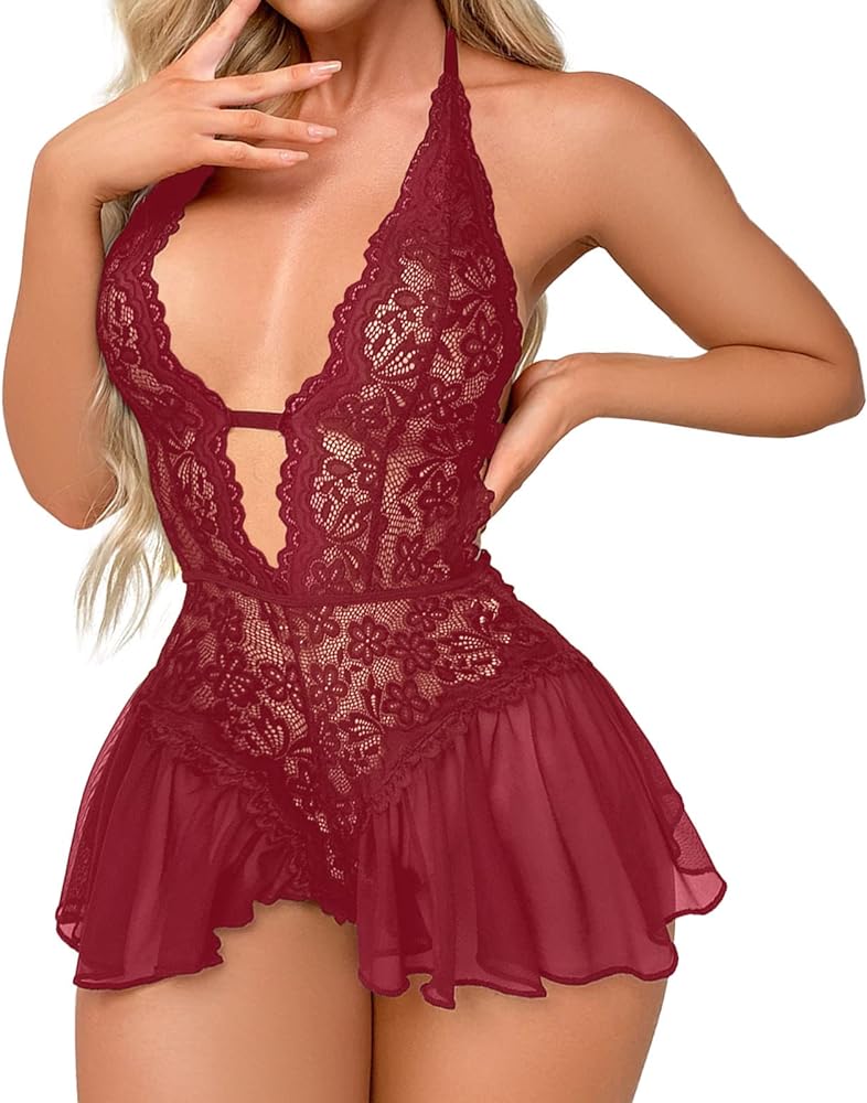 Womens Lingerie Lace Bodysuit Teddy Deep V One Piece Lace Snap Crotch Babydoll Sexy Halter Nightgown