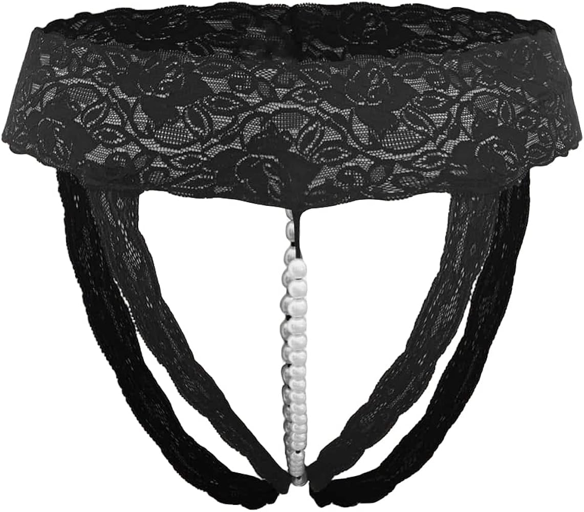 OYOANGLE Women's Plus Size Floral Lace Pearls Seamless V String Thong Naughty Lingerie