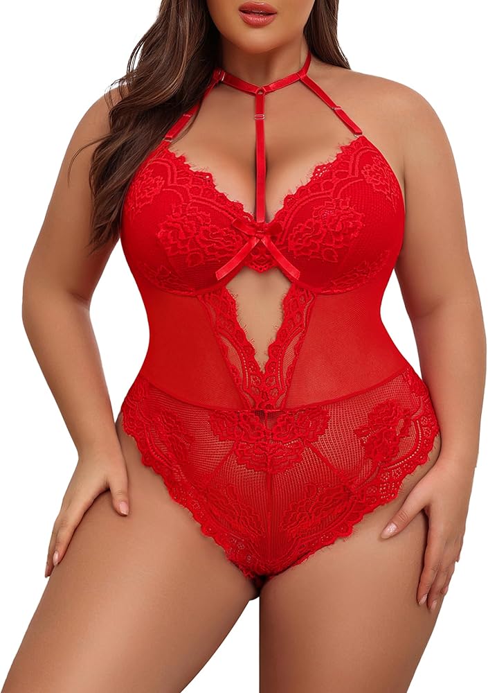 Avidlove Plus Size Lingerie for Women Snap Crotch Lace Bodysuit Teddy Lingerie One Piece Babydoll Nightgown