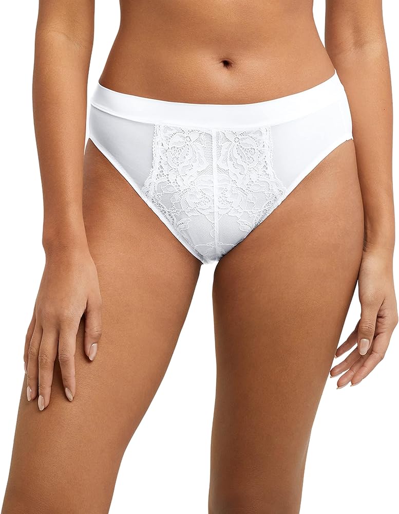 Bali Women's One Smooth U Perfectly Pretty Hi Cut Underwear, Mesh Panties with Lace Inset