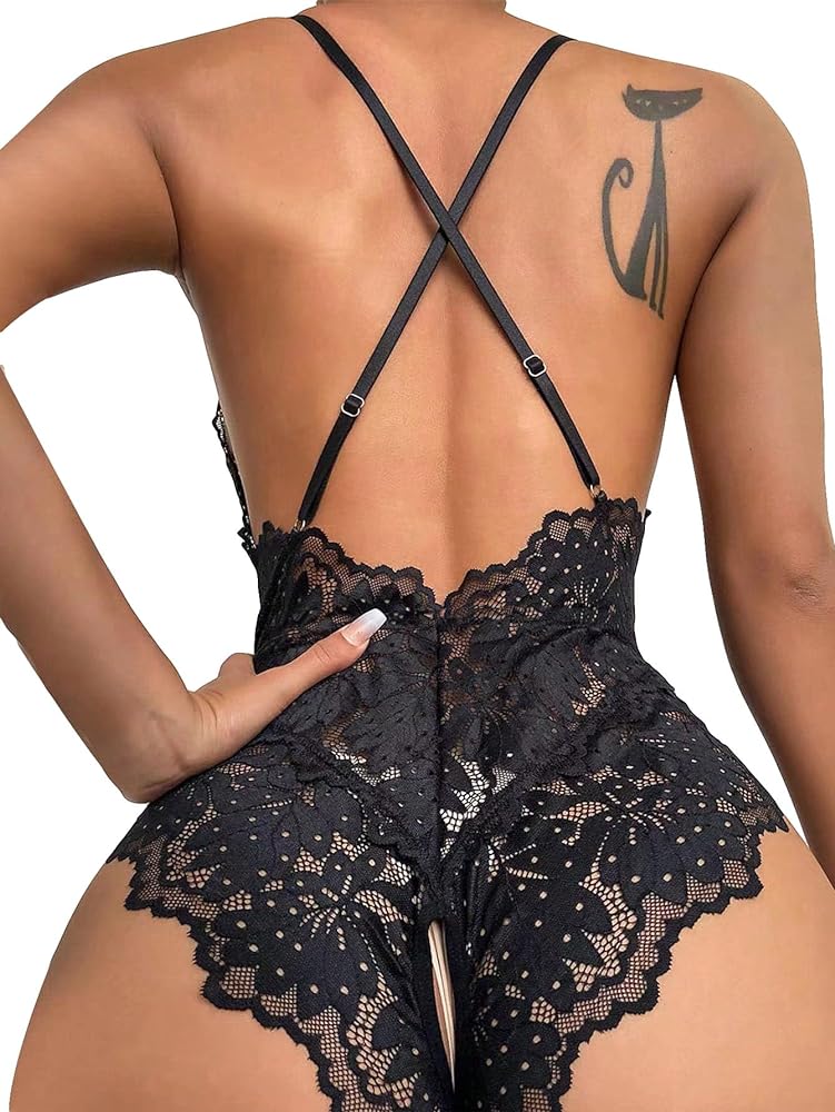 SOLY HUX Women's One Piece Lingerie Sexy Lace Babydoll Deep V Teddy Criss Cross Backless Teddy Mini Bodysuit