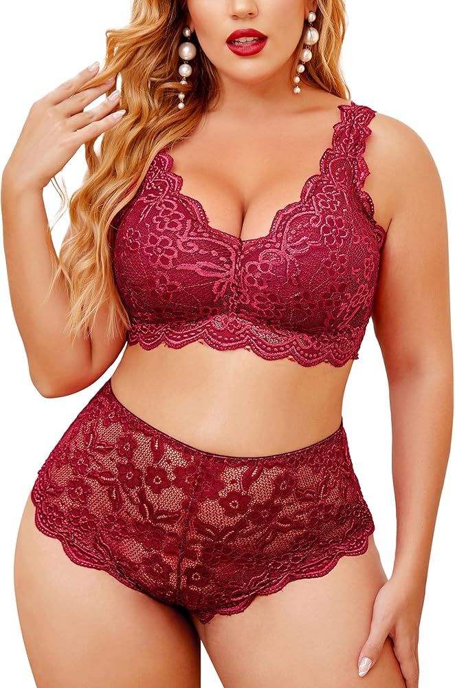 Avidlove Plus Size Lingerie Set for Women Sexy Lace Halter Bralette High Waist Panty Set