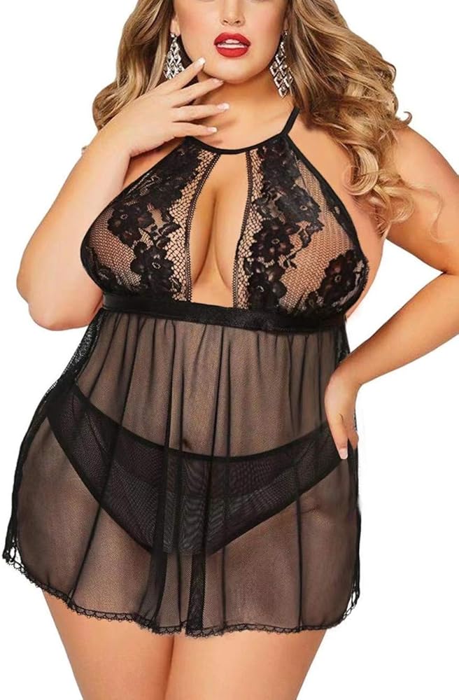 Plus Size Babydoll for Women - Sexy Halter Keyhole Lace Lingerie Set Sheer Mesh Open Back Chemise Sleepwear