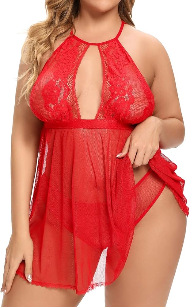 Plus Size Babydoll for Women - Sexy Halter Keyhole Lace Lingerie Set Sheer Mesh Open Back Chemise Sleepwear