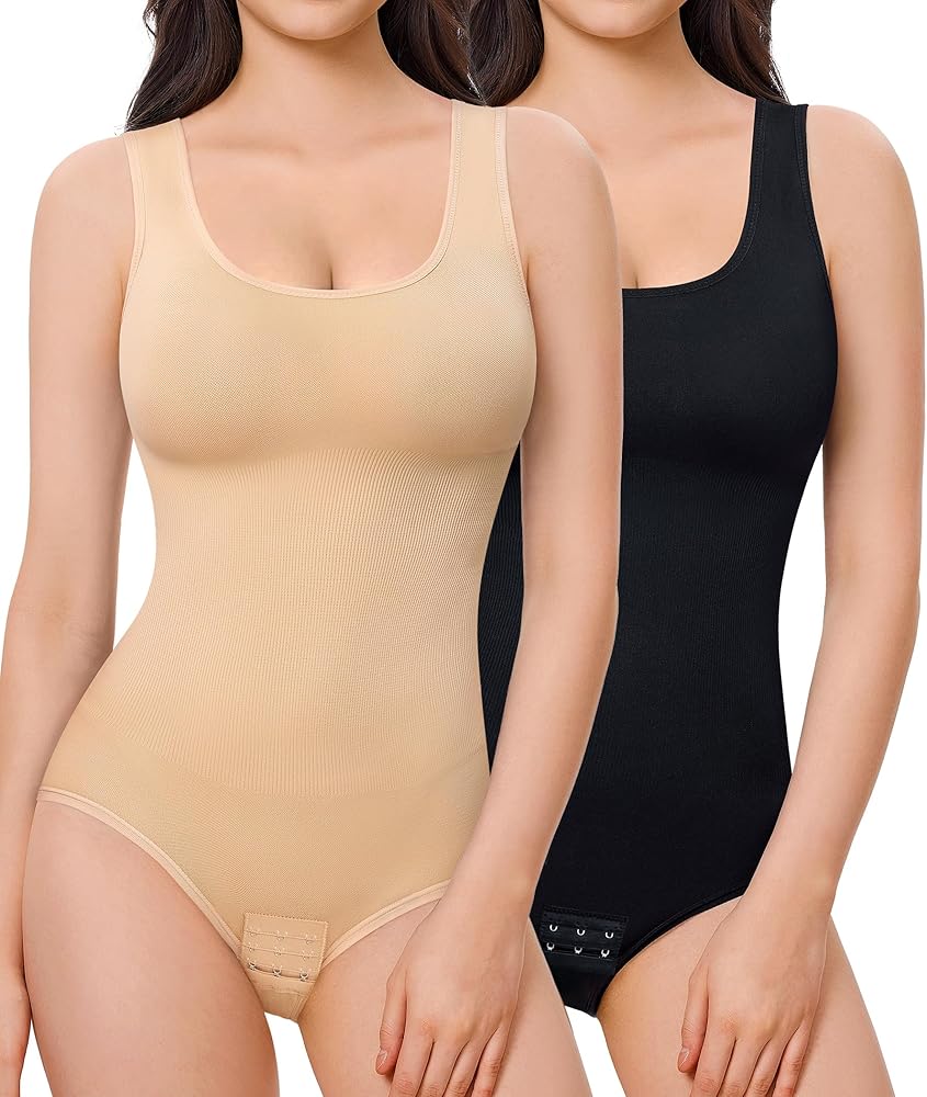 Nebility Women's 2 Piece Bodysuit Shapewear Tummy Control Seamless Round Neck Body Shaper Tank Top BodySuit