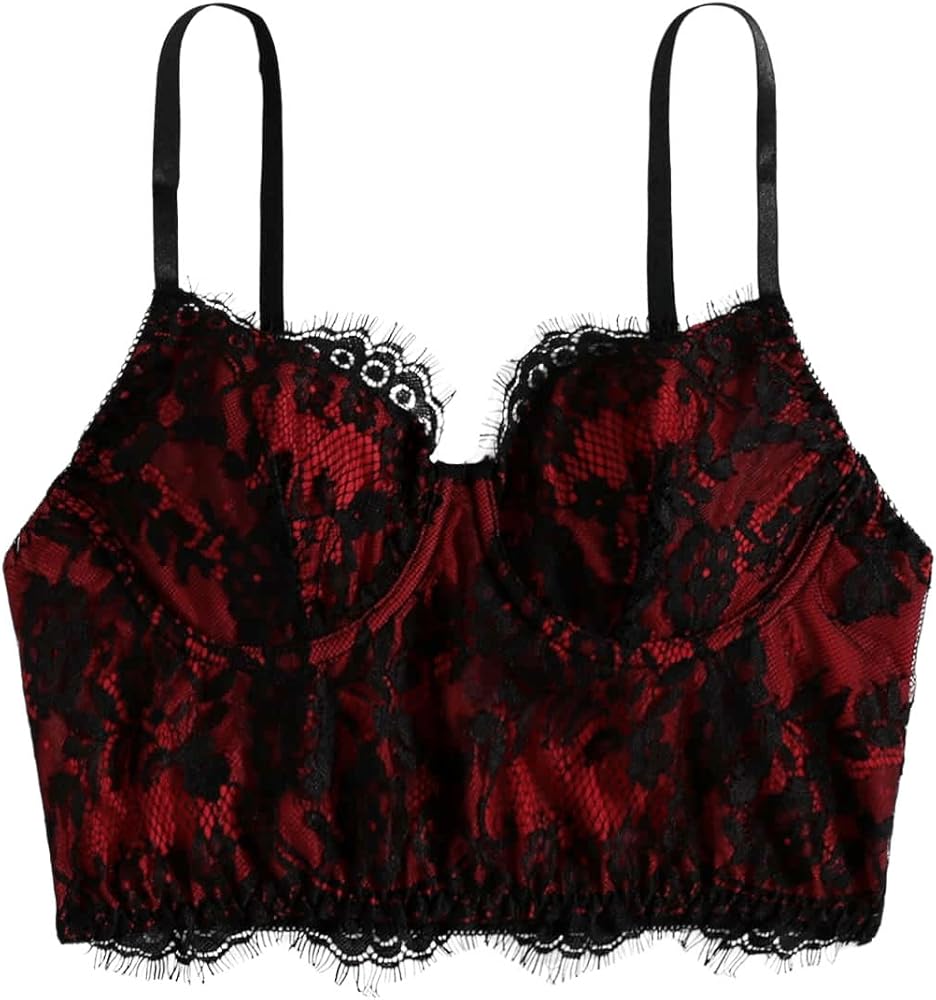 SweatyRocks Women's Sheer Lace Cami Crop Top Stretch Spaghetti Strap Crop Cami Bra Black Red S