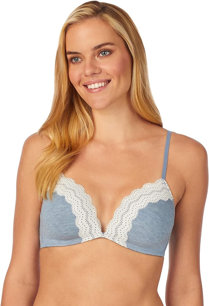 Cuddl Duds Women's Underwear Comfy Wire-Free Plunge Bra with Lace Trim