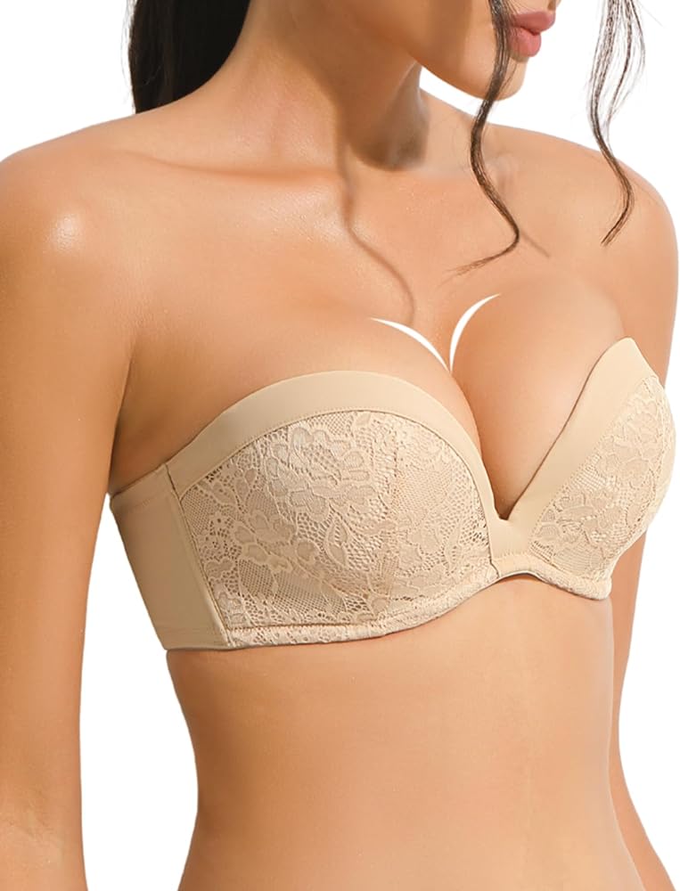 Push Up Strapless Plunge Bra with Clear Straps Convertible Lace Padded Add 2 Cups Underwire Low Cut for Women