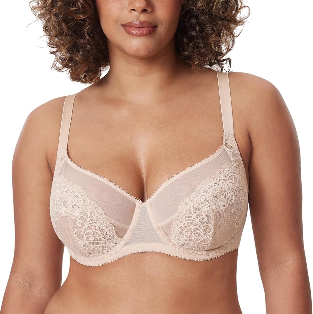 DELIMIRA Women's Lace Bra Plus Size Full Coverage Underwire Sexy Unlined Bras