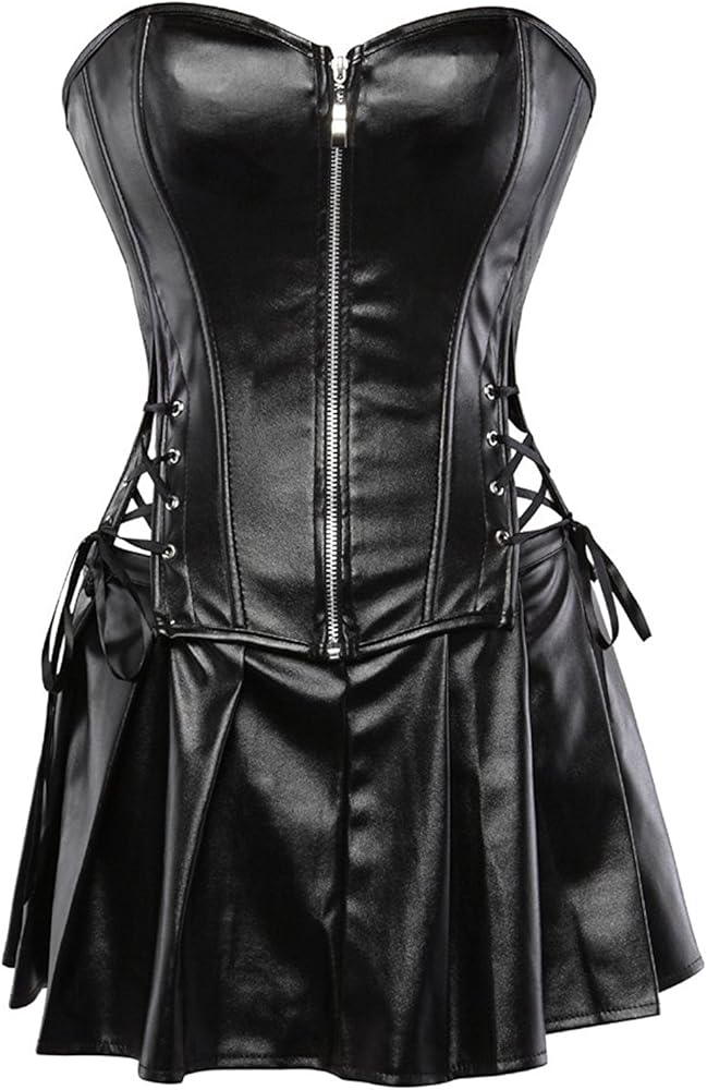 Blidece Women's Punk Rock Faux Leather Steampunk Corset Set Retro Goth overbust steel Bustier with Skirt