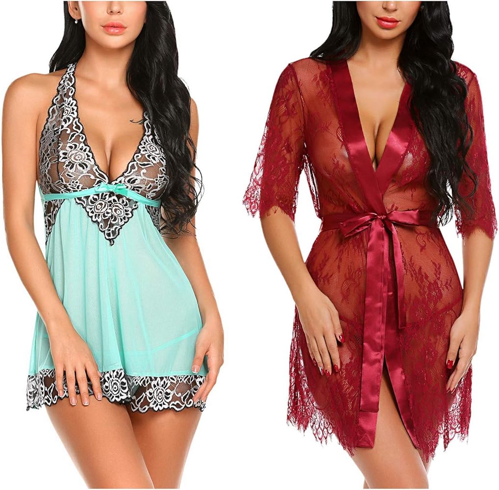 Avidlove Women Babydoll Lingerie(Green,Small) and Women Kimono Robe(Dark Red,Small)