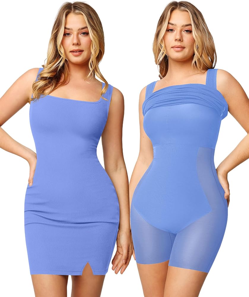 Popilush The Shapewear Dress Mini Slit Built in Shapewear Bra 8 in 1 Square Neck Bodycon Summer Dress for Women 2024