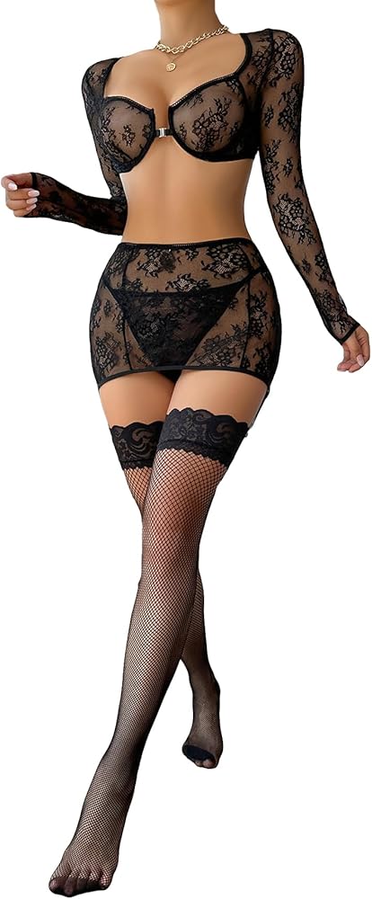 SOLY HUX Women's 4 Piece Lace Underwire Lingerie Set Long Sleeve Babydoll Bra and Panty