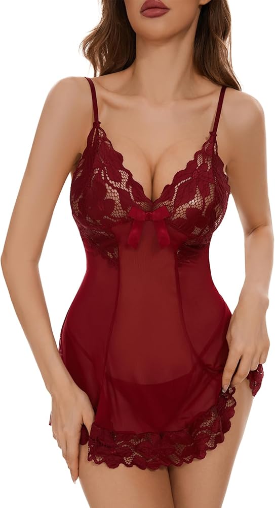 Women's Sexy Lace Lingerie Set 2 Piece Babydoll V Neck Night Gowns Pajamas Nightdress S~XXL