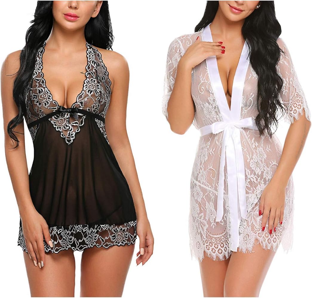 Avidlove Women Babydoll Lingerie(Black,Small) and Women Kimono Robe(White,Small)