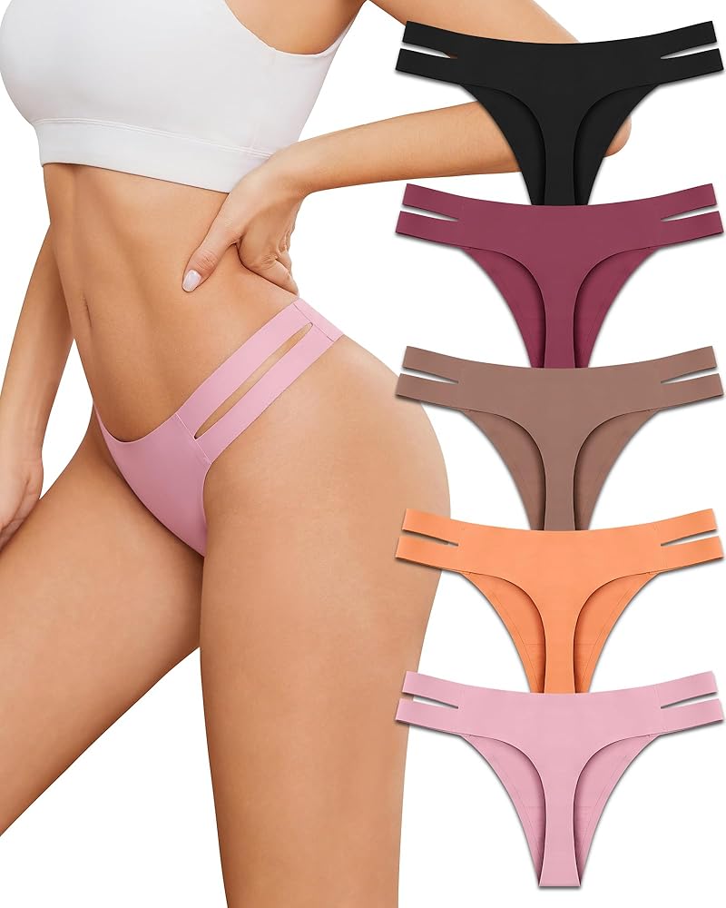 Seamless Thongs Sexy Straps Thongs for Women Cheeky No Show Womens Thong Underwear, 5 Pack Hi Cut Thong Panties S-XL